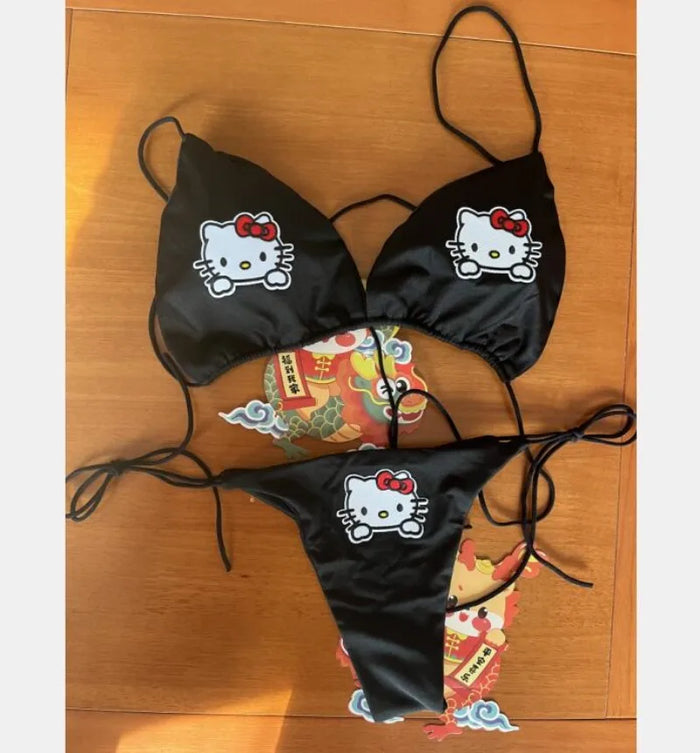 Original Sanrio Hello Kitty Concise Solid Sexy Lady Convertible Strap Multi Color Lingerie Set Black Bikini Bra and Panty Set
